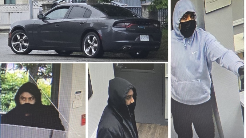 Surrey RCMP provided this composite photo of two suspects and a vehicle alleged to have been involved in an armed robbery on May 24, 2024. 