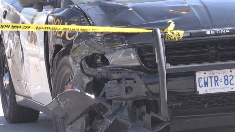 An OPP cruiser is damaged in a collision with another vehicle at the Peel Street and Hume Street intersection in Collingwood Ont., on May 30, 2024. (CTV News/Steve Mansbridge) 