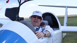 Kerry Stevenson is seen in a glider at the Canadian National Soaring Championships in Edmonton in 2022. (Supplied: Cu Nim Gliding Club)