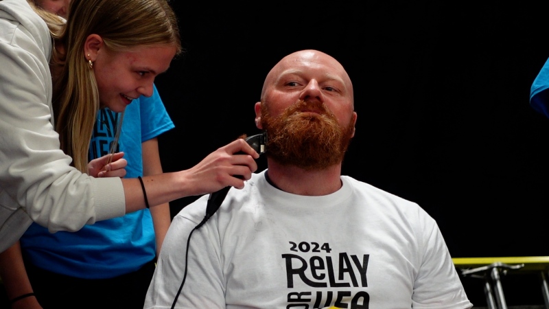 Two teachers with London Christian High School in London, Ont. had their hair shaved in support of the Relay for Life campaign on May 30, 2024. (Marek Sutherland/CTV News London)