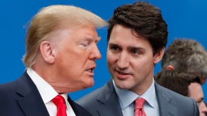 In this file photo, former U.S. President Donald Trump and Canadian Prime Minister Justin Trudeau talk prior to a NATO round table meeting in Watford, Hertfordshire, England, Wednesday, Dec. 4, 2019. (AP Photo/Frank Augstein) 