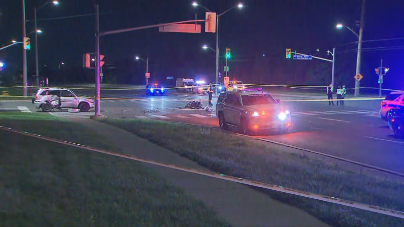 Peel police are on the scene of a collision between a car and a motorcycle in Mississauga on Thursday, May 30, 2024.