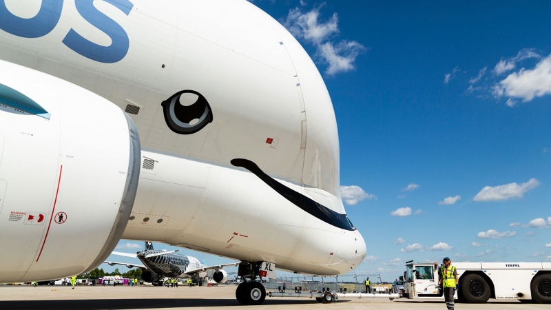 A frequent sight in European skies while performing airlift services for Airbus’ industrial network, the BelugaXL was exhibited as part of the company’s static display at the ILA Berlin air show. (Max Leitmeier-Schwarzbild / Airbus via CNN Newsource)