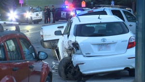 Six cars were hit by an erratic driver on Hunterview Drive N.W. on Friday morning. Police have not released any details on any arrests or charges.