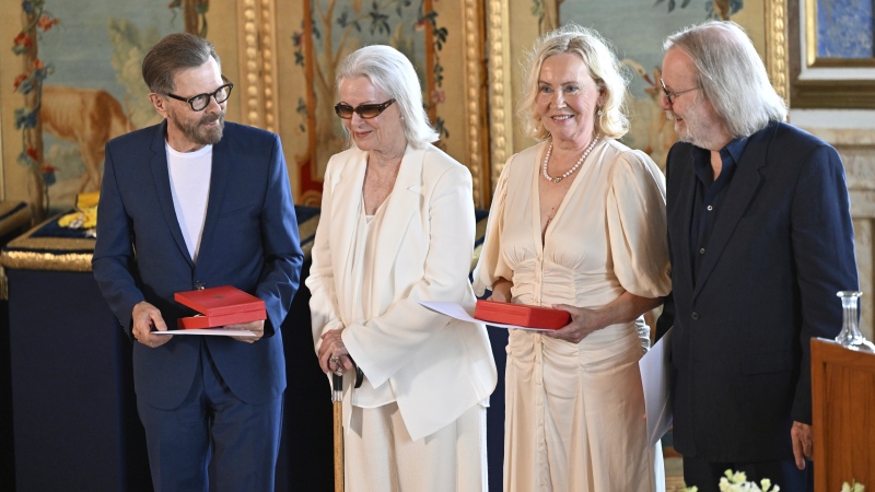 The music group ABBA with Björn Ulvaeus, Anni-Frid Lyngstad, Agnetha Fältskog and Benny Andersson will receive the Royal Vasa Order from Sweden's King Carl Gustaf and Queen Silvia at a ceremony at Stockholm Royal Palace on May 31. (Henrik Montgomery / TT News Agency via AP)