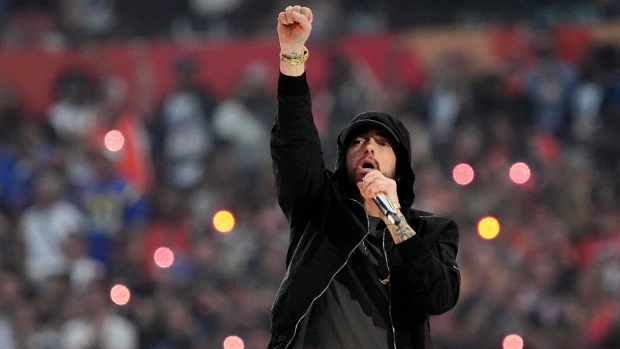 Eminem performs during halftime of the NFL Super Bowl 56 football game between the Los Angeles Rams and the Cincinnati Bengals, Sunday, Feb. 13, 2022, in Inglewood, Calif. (Ted S. Warren / AP Photo)