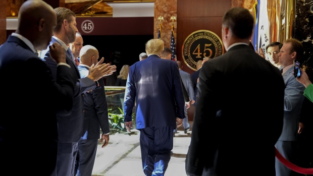 Former President Donald Trump departs after speaking at a news conference at Trump Tower, Friday, May 31, 2024, in New York.<br><br>
A day after a New York jury found Donald Trump guilty of 34 felony charges, the presumptive Republican presidential nominee addressed the conviction and likely attempt to cast his campaign in a new light.<br><br>(AP Photo/Julia Nikhinson)
