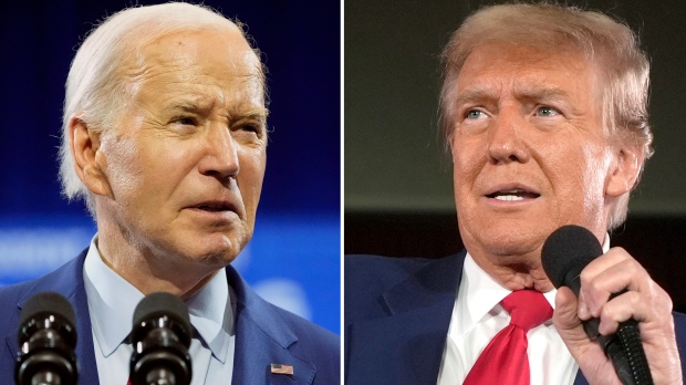 In this combination photo, U.S. President Joe Biden speaks May 2, 2024, in Wilmington, N.C., left, and Republican presidential candidate former U.S. President Donald Trump speaks at a campaign rally, May 1, 2024, in Waukesha, Wis. (AP Photo)