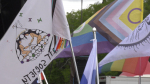 Flags can be seen at the 2024 Edmonton Drag Festival two-spirit powwow in Churchill Square on May 31, 2024. (Brandon Lynch/CTV News Edmonton)
