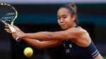 Canada's Leylah Fernandez plays a shot against Tunisia's Ons Jabeur during their third round match of the French Open tennis tournament at the Roland Garros stadium in Paris, May 31, 2024. (AP Photo/Jean-Francois Badias)