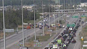 A 'major collision' has closed westbound lanes of Highway 417 at Carp Road and Palladium Drive. May 31, 2024. (MTO traffic camera)