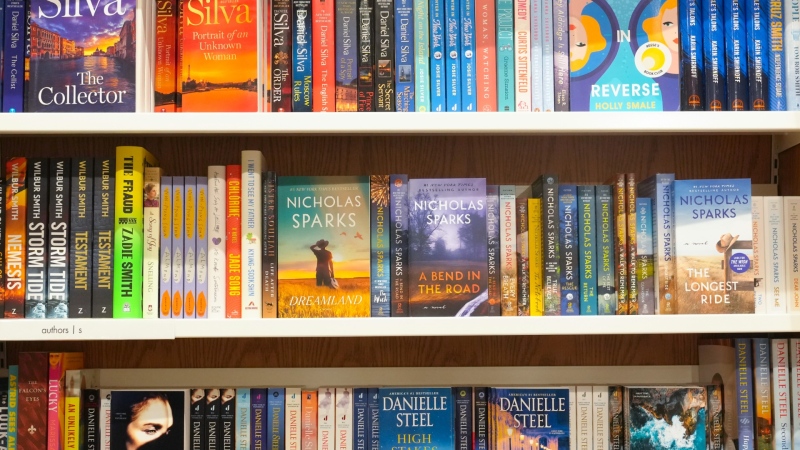 Fiction titles stand on display at an Indigo store in Toronto, Oct. 26, 2023. THE CANADIAN PRESS/Chris Young