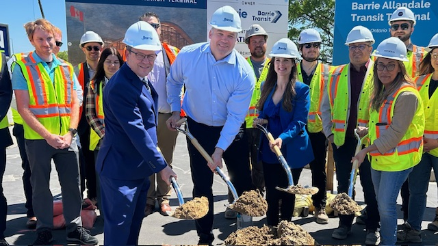 (L-R) MPP Doug Downey, Barrie Mayor Alex Nuttall, MPP Andrea Khanjin, and Matheson construction workers celebrate the official groundbreaking of the new Barrie Allandale Transit Terminal in Barrie Ont., on Fri., May 31, 2024. (CTV News/Mike Lang)
