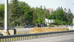 A three-vehicle crash on Highway 417 between Palladium Drive and Carp Road sent five people to hospital, including two young children. May 31, 2024. (Dylan Dyson/CTV News Ottawa)