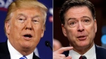 This combination photo shows President Donald Trump speaking during a roundtable discussion on tax policy in White Sulphur Springs, W.Va., on April 5, 2018, left, and former FBI director James Comey speaking during a Senate Intelligence Committee hearing on Capitol Hill in Washington on June 8, 2017. Trump fired off a series of tweets ahead of Comey's first interview on his book, "A Higher Loyalty: Truth, Lies, and Leadership," which offers his version of the events surrounding his firing as FBI director by Trump. The interview will air Sunday night on ABC. (AP Photo/Evan Vucci, left, and Andrew Harnik)