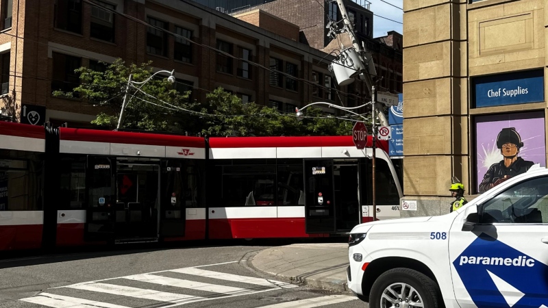 A TTC streetcar was derailed after a collision with another vehicle in downtown Toronto on June 1, 2024. (Supplied)