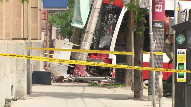 A TTC streetcar that derailed after a collision in downtown Toronto on June 1, 2024 is seen here.
