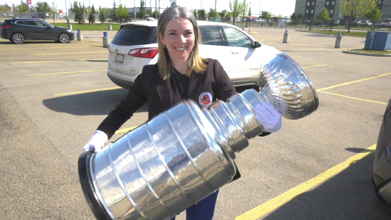 Lord Stanley and cup-keeper Miragh Bitove at CTV News Edmonton on May 1, 2024. (Darcy Seaton/CTV News Edmonton)