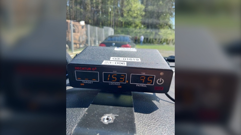 Ontario Provincial Police stopped a 22-year-old driver travelling 153km/h on Highway 11 in Benoit Township east of Timmins, Ont., on May 31, 2024. The driver was charged with stunt driving. (Supplied/Ontario Provincial Police)