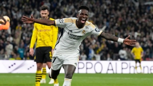 Real Madrid's Vinicius Junior celebrates after scoring his side's second goal during the Champions League final soccer match between Borussia Dortmund and Real Madrid. (Frank Augstein/AP Photo)
