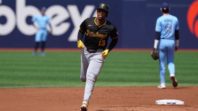 Pittsburgh Pirates third base Ke'Bryan Hayes (13) rounds the bases after hitting a two run home run against Toronto Blue Jays pitcher Yusei Kikuchi during first inning interleague MLB baseball action in Toronto on Saturday, June 1, 2024. THE CANADIAN PRESS/Chris Young