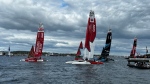 Multiple teams pass by the crowd at the SailGP in Halifax on Saturday, June 1, 2024. (Jonathan MacInnis/CTV Atlantic)
