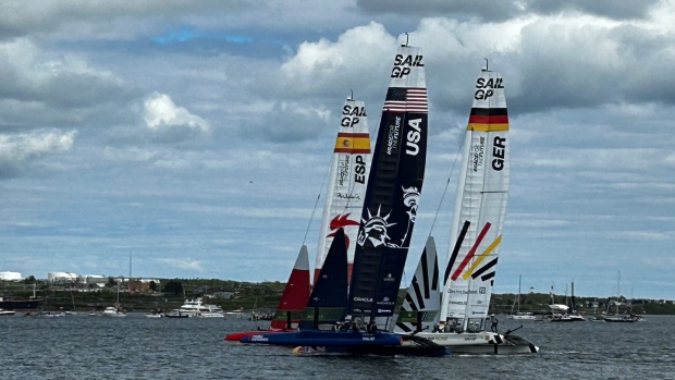 Teams Germany, U.S.A., and Spain pass by at the SailGP in Halifax on Saturday, June 1, 2024. (Jonathan MacInnis/CTV Atlantic)