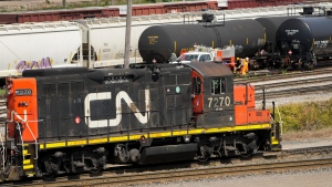 A CN train car can be seen in at the CN MacMillan Yard in Vaughan, Ont., on Monday, June 20, 2022. (Nathan Denette)
