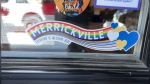 A Merrickville Pride sticker is shown on the front door of Chaiya Decor in downtown Merrickville-Wolford. June 1, 2024. (Jack Richardson/CTV News Ottawa).