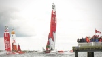 Members of Canada’s SailGP team sail past a group of spectators positioned on a Halifax pier on Saturday, June 1, 2024. (CTV/Jesse Thomas)