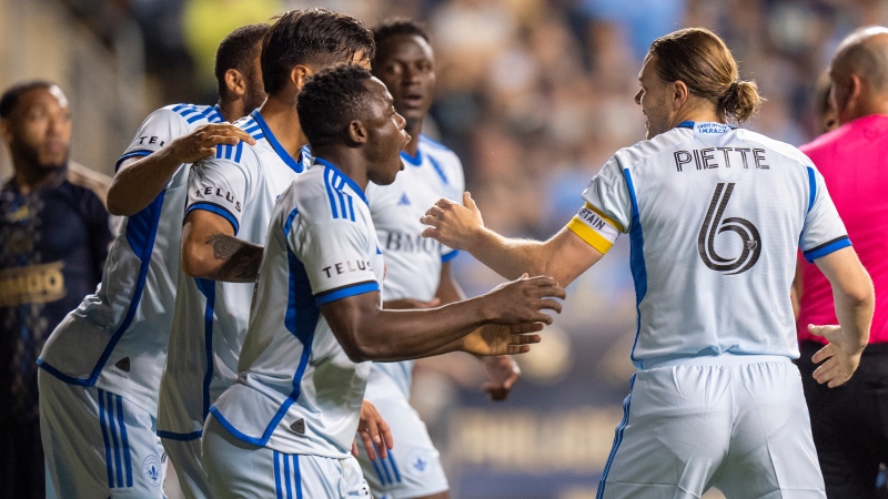 CF Montreal's Samuel Piette, right, celebrates after his goal with teammates during the second half of an MLS soccer match against the Philadelphia Union, Saturday, June 1, 2024, in Chester, Pa. (Chris Szagola, The Associated Press)