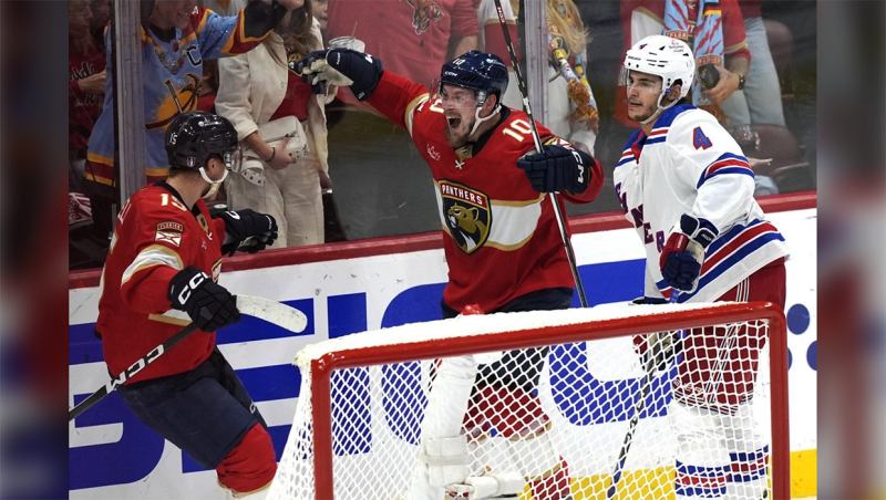Florida Panthers right wing Vladimir Tarasenko (10) celebrates after scoring during the third period of Game 6 against the New York Rangers in the Eastern Conference finals of the NHL hockey Stanley Cup playoffs Saturday, June 1, 2024, in Sunrise, Fla. (AP Photo/Lynne Sladky)