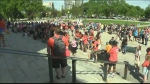 Crowds begin gathering at the Manitoba Legislature for the 2024 Pride Parade and rally on June 2, 2024 (CTV News Winnipeg)