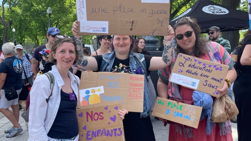 Organizations and citizens staged a sit in in Quebec City to advocate for more daycare spaces on June 2, 2024. (Ma place au travail)