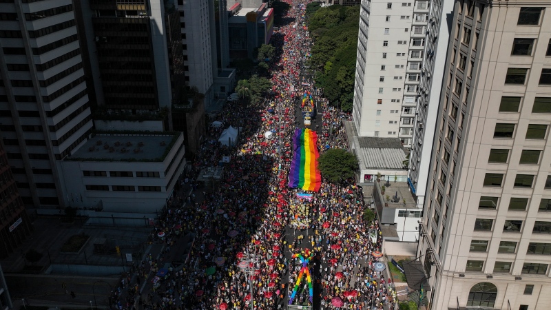 Participants carry a rainbow banner as thousands march in the annual Gay Pride Parade in Sao Paulo, Sunday, June 2, 2024. (AP Photo/Andre Penner)