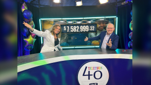 CTV's Todd Battis and Maria Panopalis show off the final total of donations from the 40th IWK Telethon for Children. (Jesse Huot/CTV Atlantic)