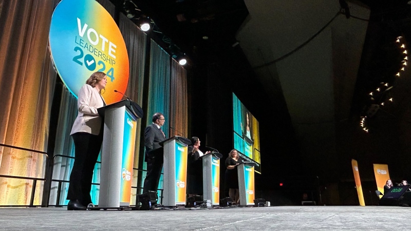 The last four NDP leadership candidates on stage for the last debate in Edmonton on June 2, 2024. (Brandon Lynch/CTV News Edmonton)