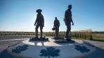 The monument honouring RCMP Constables Fabrice Gevaudan, Dave Ross and Doug Larche, gunned down in 2014, is seen in Moncton, N.B. on Friday, Sept. 29, 2017. THE CANADIAN PRESS/Andrew Vaughan