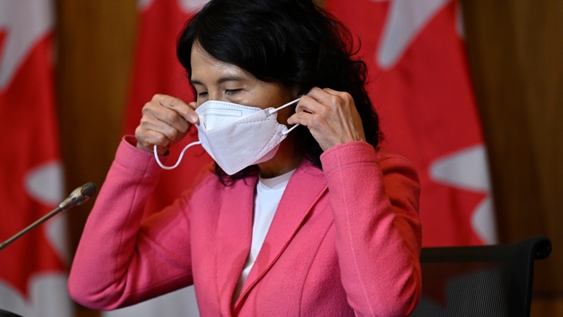 Chief Public Health Officer of Canada Dr. Theresa Tam puts her mask back on during a news conference on the COVID-19 pandemic, in Ottawa, on Friday, March 10, 2023. THE CANADIAN PRESS/Justin Tang
