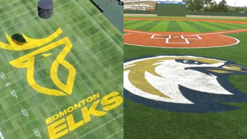 The Edmonton Elks and Edmonton Riverhawks logos as seen at Commonwealth Stadium and Re/Max Field. (File/CTV News Edmonton)