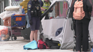 Tent occupants were told to pack up and tents were taken down at Dundas and Lyle Streets on June 3, 2024. (Gerry Dewan/CTV News London)
