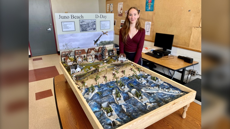 Westwood Collegiate student Alyssa Anklewich poses with her incredible D-Day diorama on June 3, 2024. (Scott Andersson/CTV News Winnipeg)