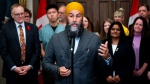 NDP Leader Jagmeet Singh speaks in the Foyer of the House of Commons on Parliament Hill in Ottawa, on Monday, June 3, 2024. THE CANADIAN PRESS/Spencer Colby