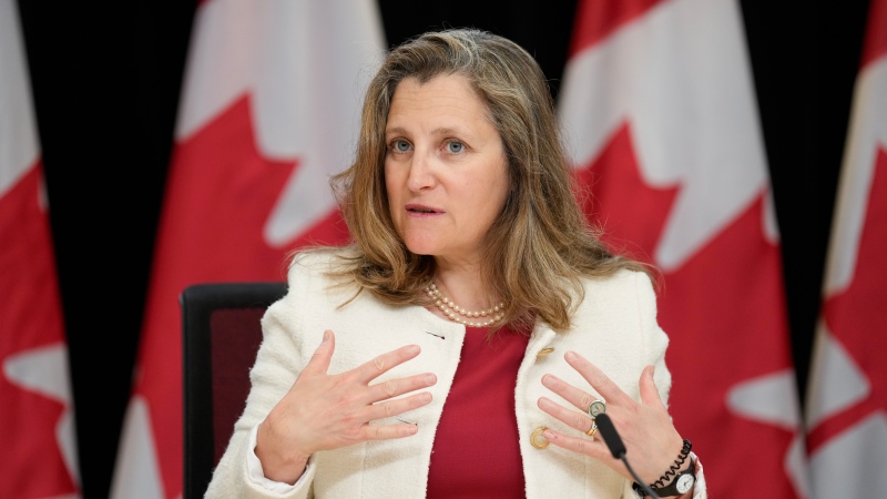 Deputy Prime Minister and Minister of Finance Chrystia Freeland responds to a question during a news conference, Tuesday, June 4, 2024 in Ottawa. THE CANADIAN PRESS/Adrian Wyld 