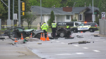 A 26-year-old man died on June 4, 2024 after the stolen car he was driving crashed into a pole in north Edmonton. (Matt Marshall/CTV News Edmonton)
