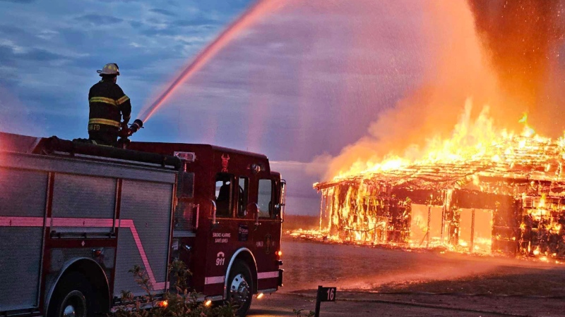 Firefighters on Manitoulin Island were called early Tuesday morning to battle a fire at the Sheguiandah Roundhouse and Community Centre. (Photos courtesy of 
Duane Deschamps, chief of the Northeastern Manitoulin and the Islands Fire Department)