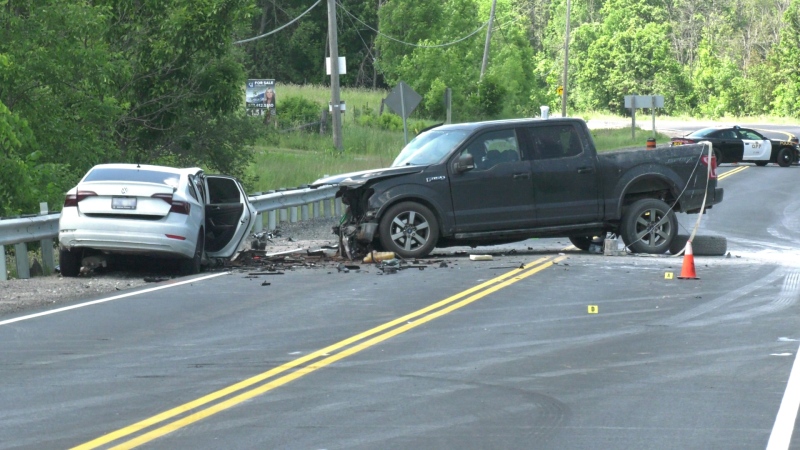 The scene of a major collision on Highway 7 west of Carleton Place, Ont. (Dylan Dyson/CTV News Ottawa)