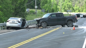The scene of a major collision on Highway 7 west of Carleton Place, Ont. on Tuesday, June 4, 2024.  (Dylan Dyson/CTV News Ottawa) 