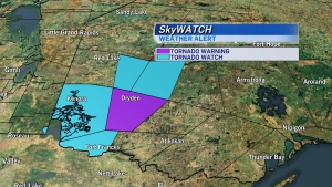 A tornado warning was issued for part of northwestern Ontario