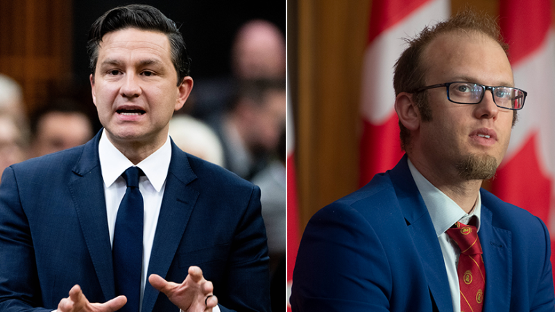 A combination photo showing, on the left, Conservative Party Leader Pierre Poilievre in Ottawa on May 6, 2024 (THE CANADIAN PRESS/Spencer Colby) and Conservative MP Arnold Viersen, on the right, on May 27, 2021 in Ottawa (THE CANADIAN PRESS /Adrian Wyld)
